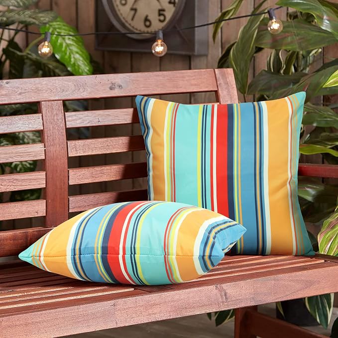 Pyonic Set of 2 Outdoor Pillow Covers Waterproof Throw Pillow Covers Decorative Square Patio Pillows for Patio Tent Garden Beach,18x18 Inches,Color Stripe(Blue)
