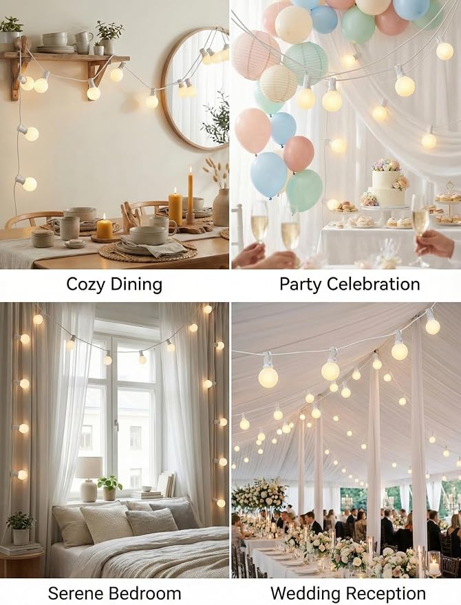 25FT Outdoor Frosted String Lights, 25 G40 Bulbs, White Wire | 5W Glass Incandescent Bulbs, IP44 Weatherproof, E12 Bases, 2 Spares, End-To-End Connectable, for Weddings and Parties