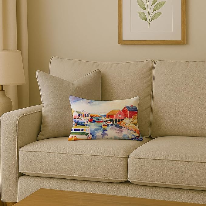 Caroline's Treasures 6059PW1216 Boats at Harbour with a View Canvas Fabric Decorative Pillow Machine Washable, Indoor Outdoor Decorative Pillow for Couch, Bed or Patio, 12HX16W