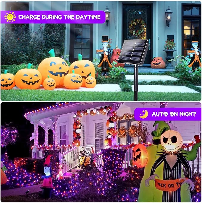 Solar Halloween Lights Outdoor 2 Pack 200 LED String Lights Orange Purple | 8 Lighting Modes, Memory Function, Auto On/Off, 66FT Waterproof Twinkle Lights for Outside Garden Party Tree Horror Decor