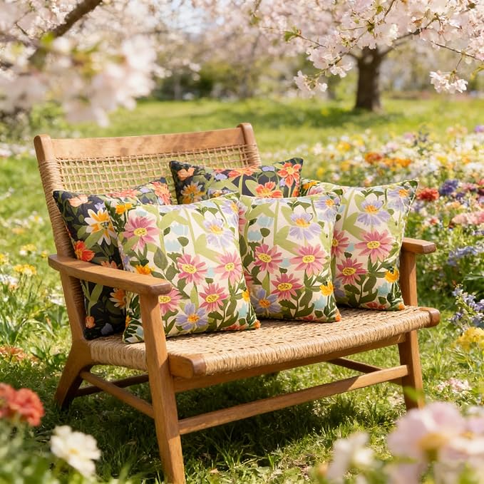 Pyonic Outdoor Pillows Covers Pack of 2 Spring Summer Floral Waterproof Throw Pillow Covers 18X18 inch Outdoor Pillows for Patio Furniture Garden Square Outside Waterproof Pillow