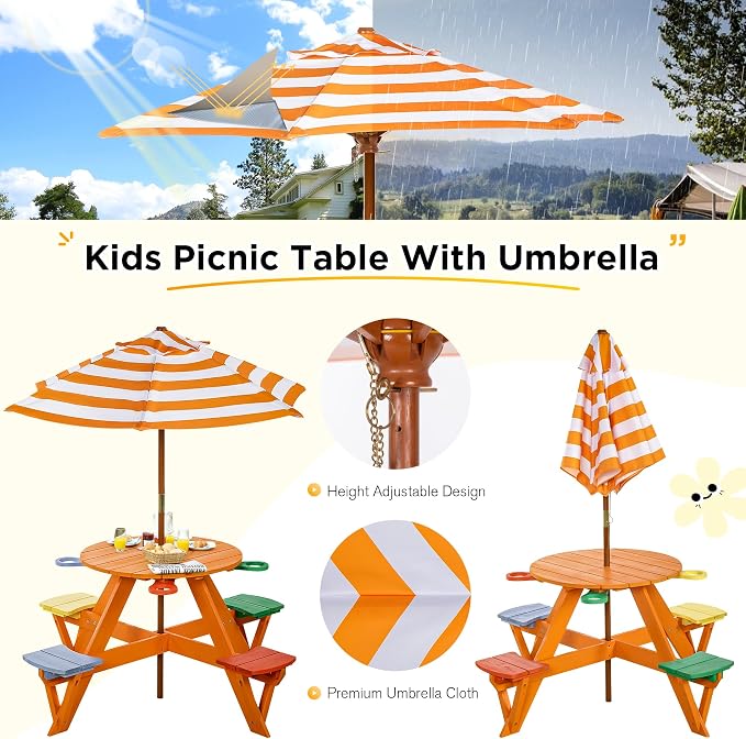 BRINJOY Kids Picnic Table & Stool Set, Outdoor Wood Round Table & 4 Bench, Toddler Picnic Table Set w/Height Adjustable Umbrella, Children Activity Table w/Cup Holders for Patio, Garden, Backyard