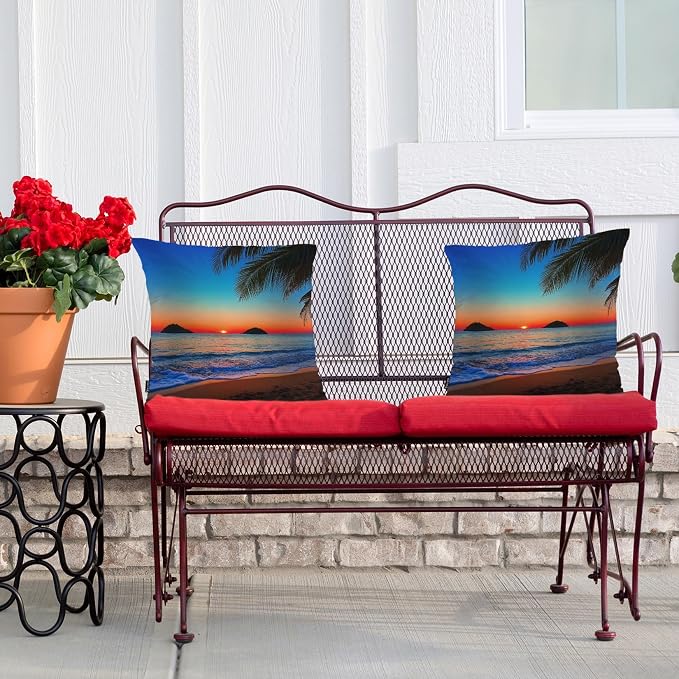 Swono Ocean Beach Set of 2 Throw Pillow Covers Hawaii Ocean Sea Palm Tree Sunset 18x18 Inches Pillow Cases Standard Cushion Cover Square Pillowcases for Men Women Decorative Home Bed Sofa