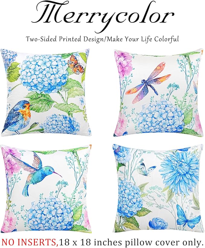Merrycolor Outdoor Waterproof Throw Pillow Covers 18x18Inch Set of 4 Summer Flowers Accent Farmhouse Décor Hydrangeas Butterflies Birds Decorative Pillow Covers for Couch paito Garden Sofa Blue-Purple