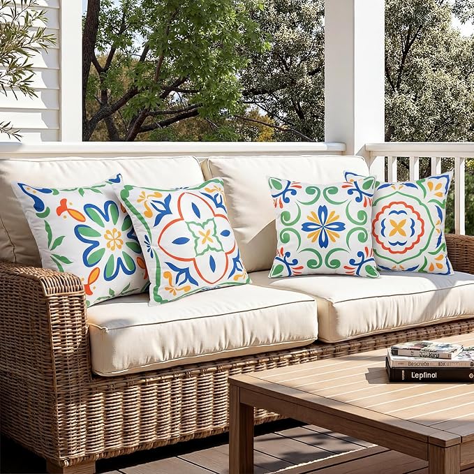 Merrycolor Summer Outdoor Waterproof Throw Pillow Covers 18x18Inch Set of 4 Boho Farmhouse Decorative Pillowcases Print Flowers Accent Cushion Covers for Couch Patio Swing and Garden Sofa Blue Green