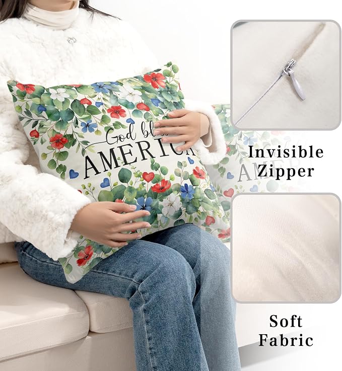 4th of July Pillow Covers Idependence Day Throw Pillow Covers 22x22 Red White Blue Flower Pillow Cases Eucalyptus Leaf Patriotic Cushion Cases for Home Bedroom Living Room 2 Pack