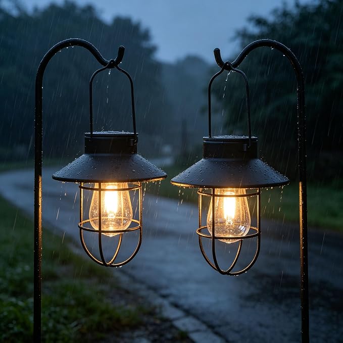 4 Pack Hanging Solar Lantern Lights with Shepherd Hook, Metal Waterproof Warm White Edison Bulb Lights for Garden Outdoor Pathway