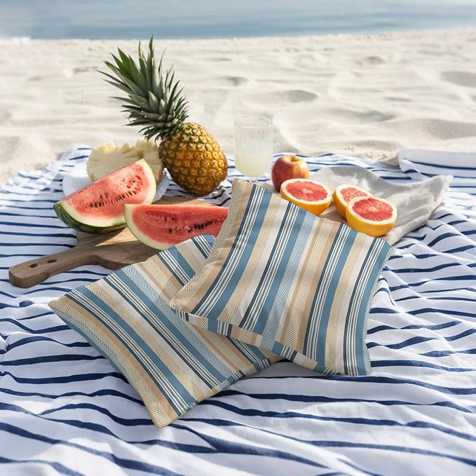 Blue Brown Beige Outdoor Pillow Covers 16x16 Inch Throw Pillow Covers Set of 2 Waterproof Decorative Pillow Cases Boho Farmhouse Abstract Stripes Art Cushion Covers for Patio Furniture Garden Couch
