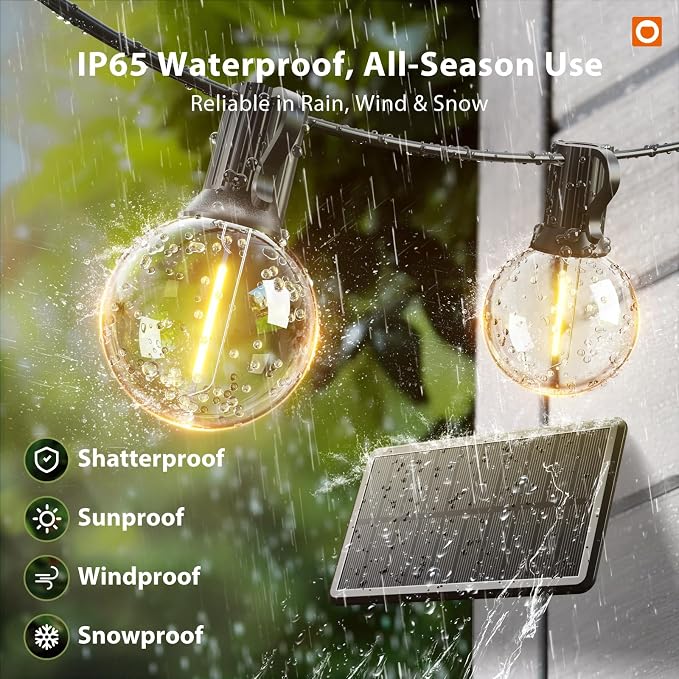 addlon 25FT Solar Powered Outdoor String Lights Waterproof with Remote G40 | Solar Powered String Lights with 13 LED Shatterproof Bulbs, 3 Light Modes, Dimmable Solar Lights for Outside Bistro Cafe