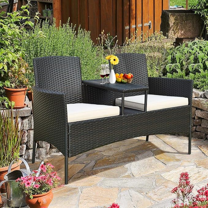 HAPPYGRILL Outdoor Loveseat with Removable Cushions and Coffee Table, Rattan Patio Wicker Conversation Set for Garden Lawn Backyard