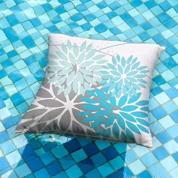 DFXSZ Pack of 2 Outdoor Waterproof Throw Pillow Covers 20x20 LightBlue Grey | Polyester Colorful Spring Summer Floral Decorative Cushion Cases(NO INSERT),For Couch Patio Funiture Garden Home Decor