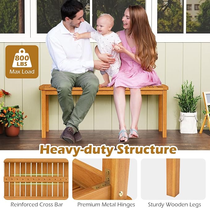 HAPPYGRILL 6 Pieces Acacia Wood Outdoor Dining Set for 6 People, Patio Table & 4 Chairs & 1 Bench Set with Umbrella Hole, Outside Picnic Furniture