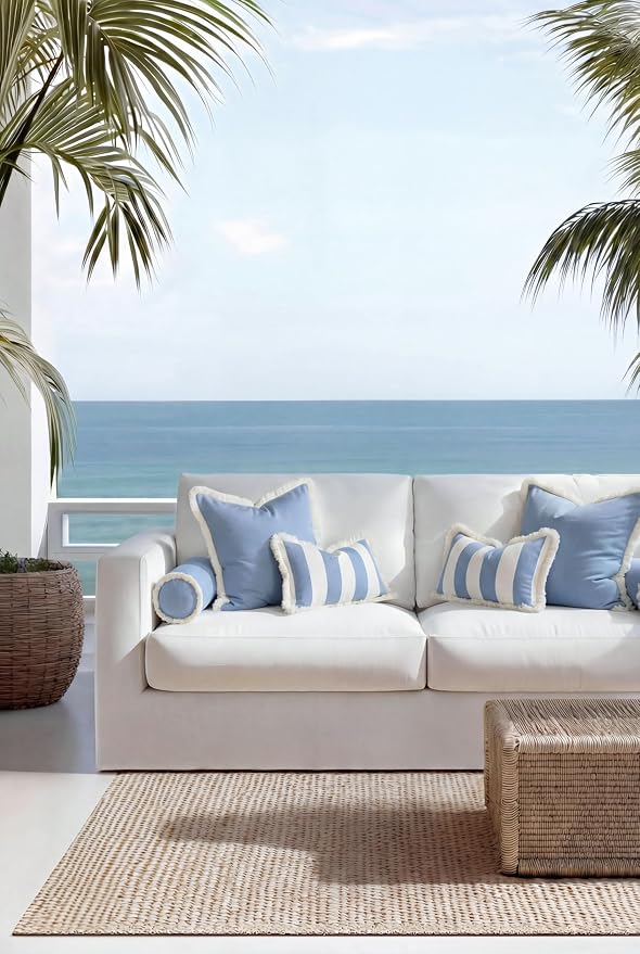 Hofdeco Premium Coastal Hampton Outdoor Performance Lumbar Pillow Cover Only, 12"x20" Water Repellent, UV and Fade Resistant for Backyard, Couch, Poolside, Azure Blue Woven Beach Stripes