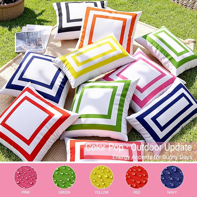 JOJOGOGO 12x20 Hot Pink Frame Outdoor Lumbar Pillow Covers Waterproof & Sunproof Set of 2, White and Pink Outdoor Decorative Lumbar Throw Pillows for Patio Furniture and Porch Decor(Without Inserts)