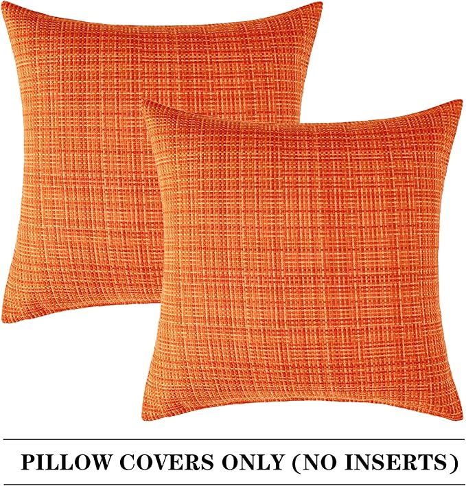 Kevin Textile Outdoor Waterproof 22x22 Inch Pillow Covers 2 Pack, Orange | Water Resistant, Faux Linen Yarn-dyed, Woven Texture Throw Pillow Covers for Tent Patio Garden Couch Sofa
