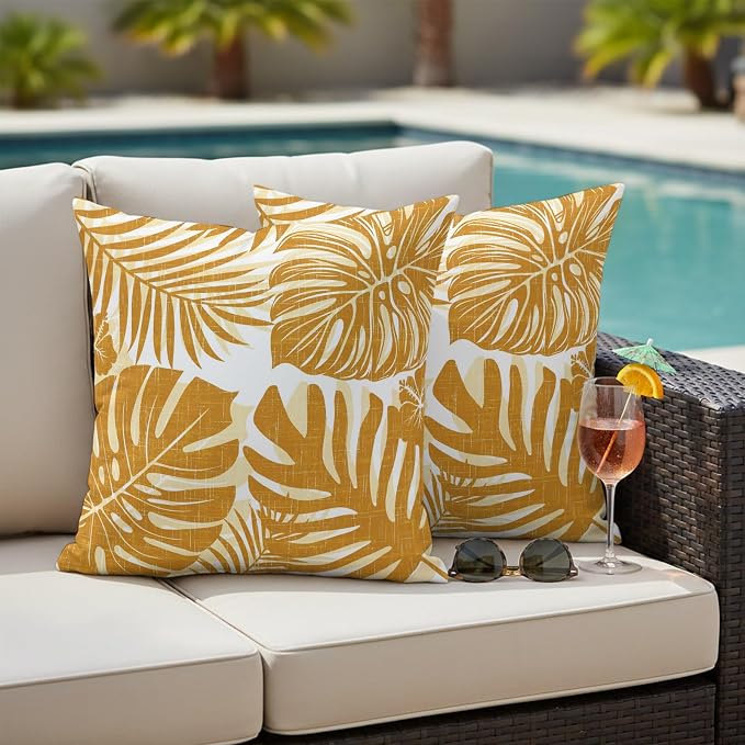 Vintage Yellow Palm Leaves Outdoor Pillow Covers 26"x26" Set of 2, Tropical Botanical Minimalist Modern Waterproof Throw Pillow Covers for Patio Furniture, Decorative Cushion Covers for Porch