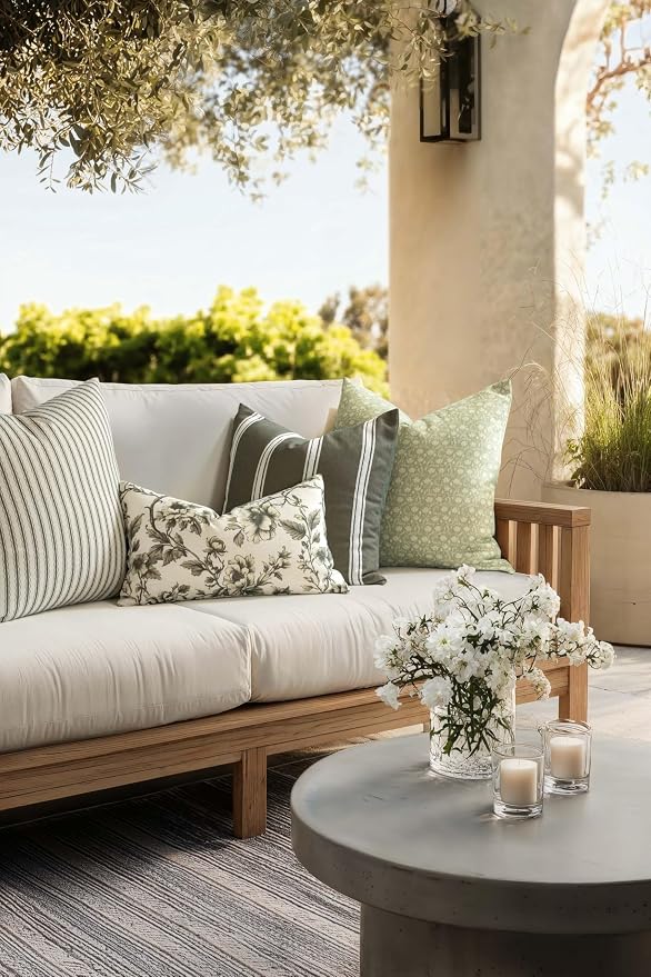 Modern Farmhouse California Casual Indoor Outdoor Lumbar Pillow Cover, 12"x20" Water Repellent for Patio, Backyard, Couch, Poolside, Oliver Green Print Vintage Chinoiserie Floral