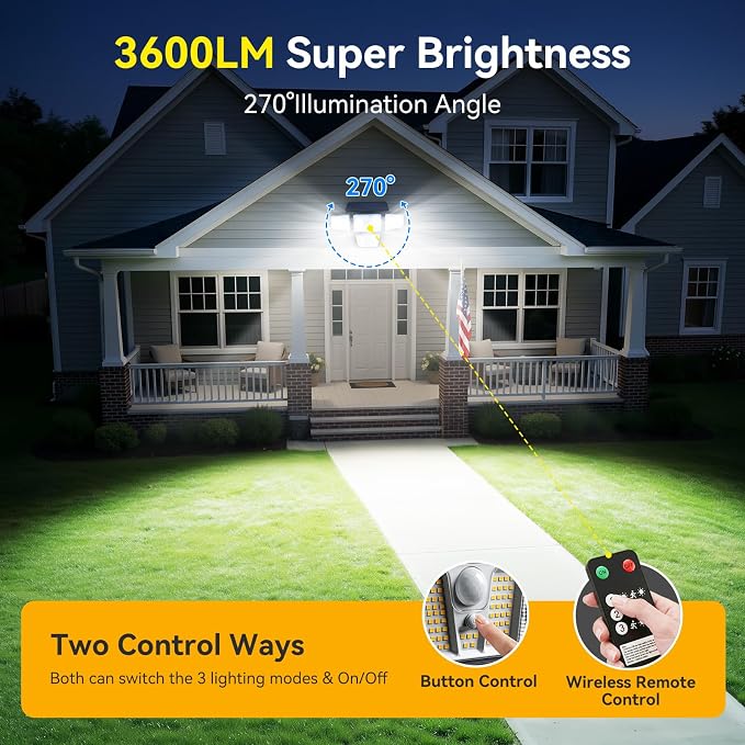 Solar Flood Lights, 3600LM 270° Motion Sensor Outdoor Lights-Remote | 4 Heads 3 Modes Solar Lights Outdoor, Glass Panel, IP65 Waterproof Outdoor Security Lights for Yard Patio Garage- 4Pack Black