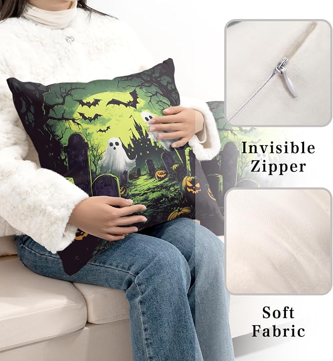 2 Pack Halloween Pillow Covers 24x24 Graveyard Ghost Throw Pillow Covers Horror Spooky Green Full Moon Night Pillow Case Bat Pumpkin Cushion Case for Holiday Party Decor Couch Sofa