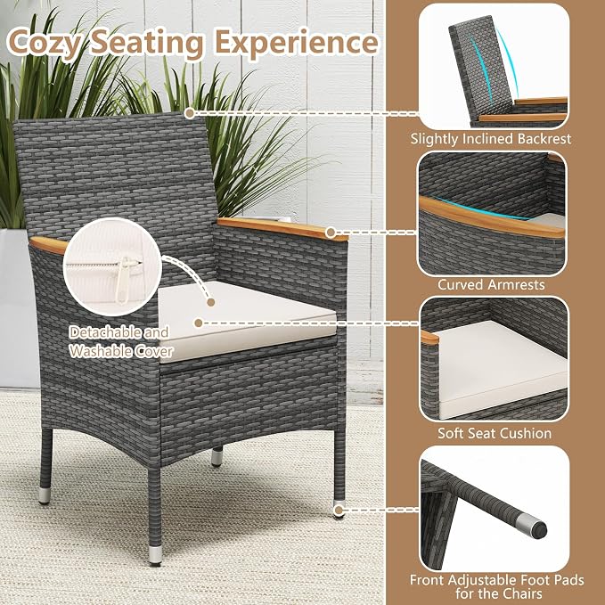 HAPPYGRILL 9 Pieces Patio Dining Set for 8, Outdoor Acacia Wood Table and Rattan Chairs with 2" Umbrella Hole, Cushions, Wicker Outdoor Dining Furniture Set for Backyard, Garden, Deck