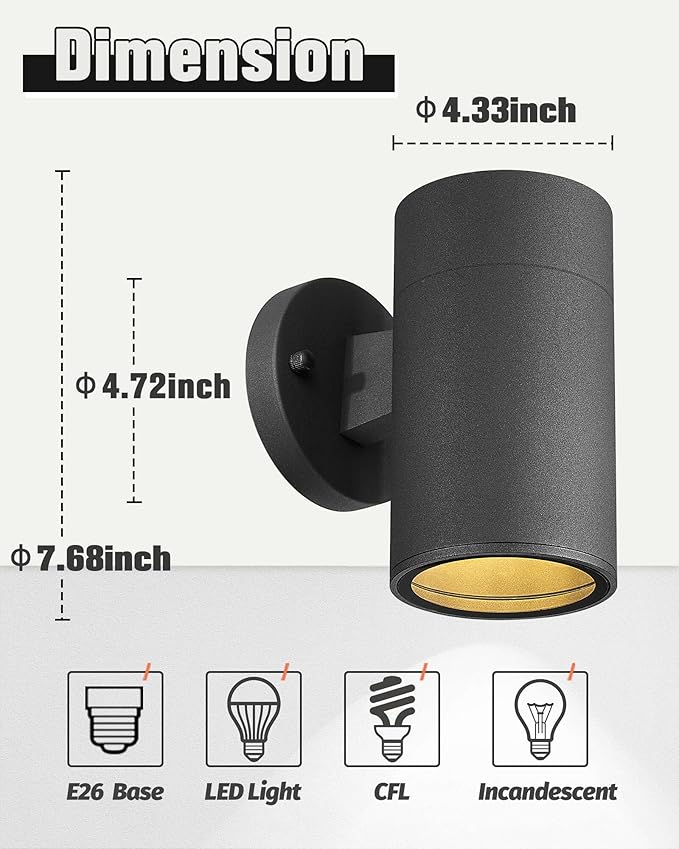 Ken & Ricky Modern Aluminum Outdoor Wall Sconce Lights,Cylinder，Black,1 PK | Downward Outside Wall Light With Glass Cover,No Glare Exterior Lighting Fixtures,For House Front Porch Garage Patio Entryway