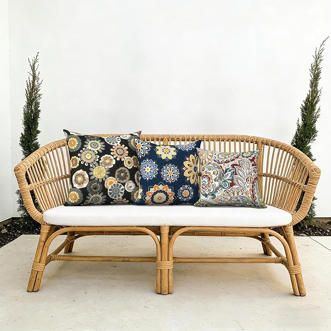 Outdoor Pillows with Insert 18x18 Inch, Waterproof Throw Pillow for Patio Furniture, Decorative Back Cushion for Garden Home Sofa Office Chair, Set of 2, Bloom Medallion‌Cobalt