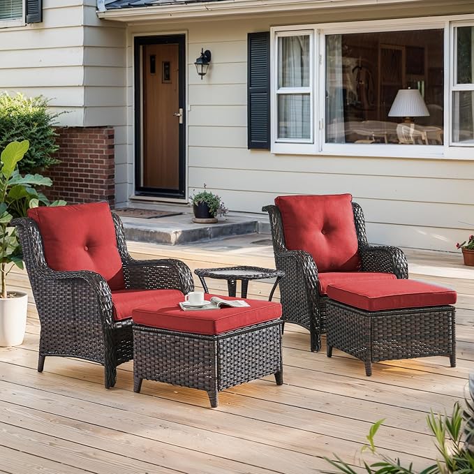 Belord Outdoor Furniture Set Patio Wicker Chairs, 3 Peices Porch Rattan Furniture with Side Table, Deep Seating Patio Bistro Chair Sets (Red Cushion)