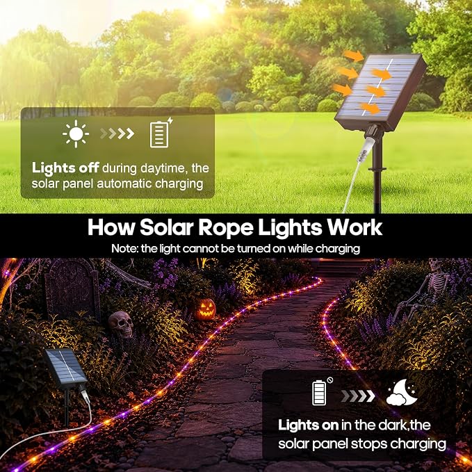 Halloween Decoration Solar Rope Lights 66FT 200LED 1800mAh -Purple & Orange | Type C & Solar, With Remote, Waterproof, Timing, 8 Modes, for Halloween Party Autumn Christmas Decoration