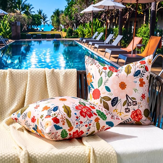 Outdoor Pillow Covers Waterproof Decorative Pink Pillow Covers Summer Floral Accent Square Couch Covers Garden Farmhouse Throw Cushion Cases 20x20 Inch Set of 2 for Patio Tent Balcony Bench Sofa