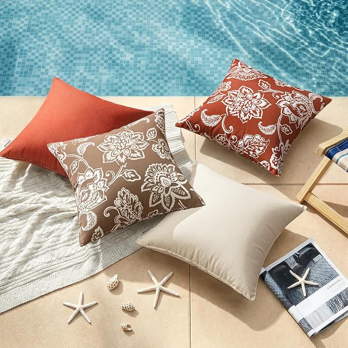 Decorative Outdoor Floral Pillow Covers Set of 2 18x18 Coffe Brown | Waterproof Boho Farmhouse,Decorative Throw Pillow Covers,Summer Coastal Accent Pillowcases,Patio Furniture Garden Sofa
