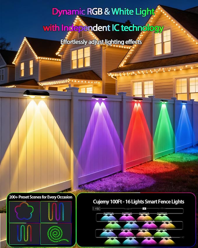 Outdoor Deck Lights 16 Pack, 100ft Smart RGB Outdoor Lights, APP | Remote Control, Waterproof LED String Light with Timer for Wall Fence Step Yard Stairs Pool Halloween Christmas Decor