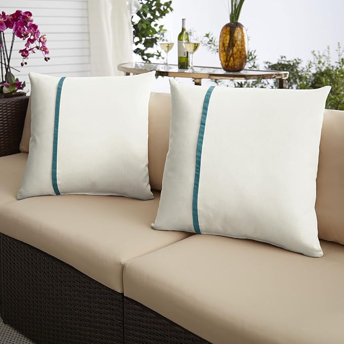 Sorra Home Indoor Outdoor Sunbrella Square Pillows, Set of 2, 20x20, Canvas Natural Ivory & Peacock Blue