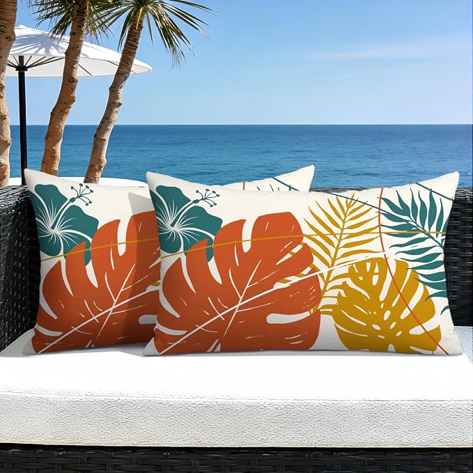 OTOSTAR Outdoor Waterproof Throw Pillow Covers 16x24 Inch Set of 2 Double-Sided Orange Yellow Tropical Leaf and Flower Spring Summer Decorative Pillow Cases for Patio Funiture Garden Balcony Couch