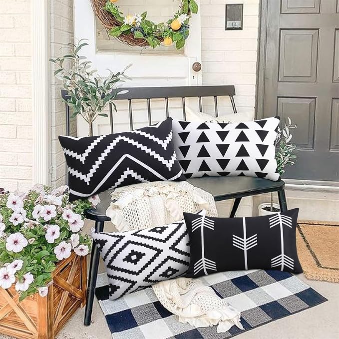 Adabana Patio Pillows Pack of 2 Geometric Outdoor Waterproof, 12"x20" | Outdoor Cushion Covers Decor for Home Patio Garden Porch Furniture