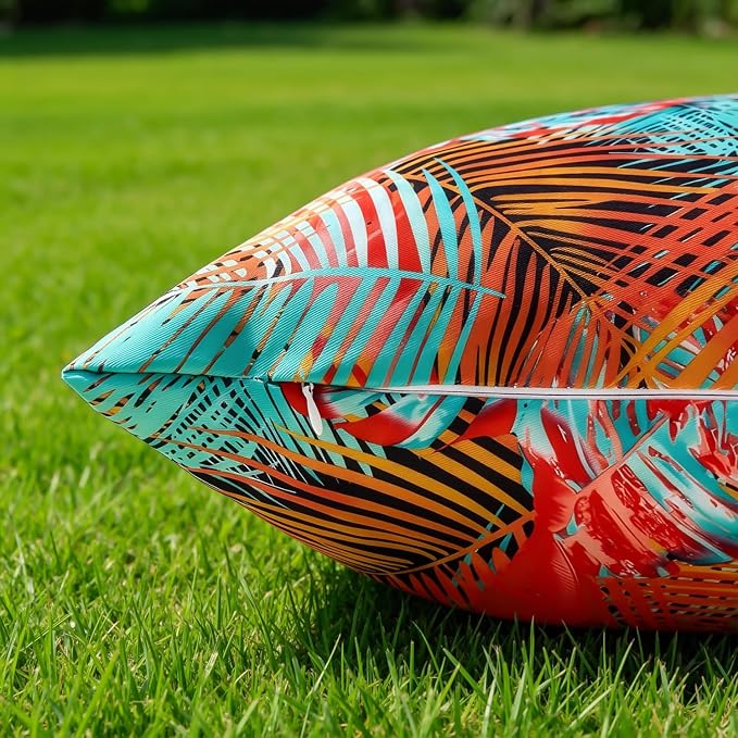 Outdoor Pillow Covers Tropical Leaves Waterproof Summer Throw Pillow Covers Decorative Blue Red Leaf Couch Covers 20x20 Set of 2 Square Cushion Cases for Patio Furniture Garden Tent Balcony Bench