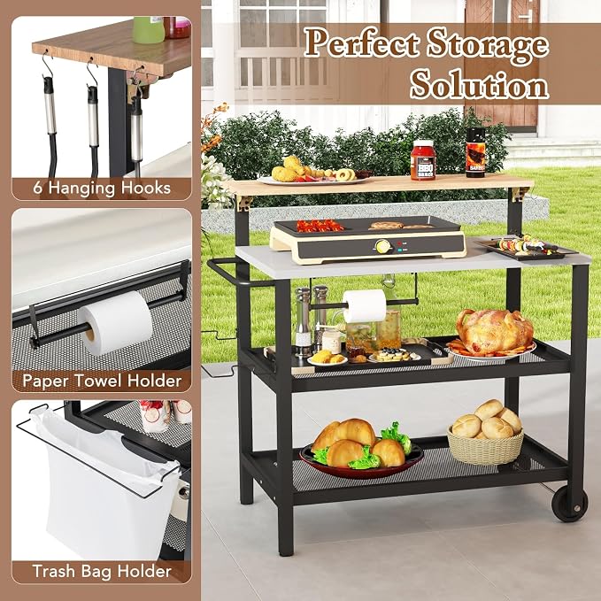Giantex Outdoor Grill Cart, Pizza Oven Stand with Flip up Bar Table, 4-Shelf Food Prep Cooking Station with Hooks, Trash Bag Holder, Paper Towel Holder, Heavy Duty Movable Dining Table with Wheels