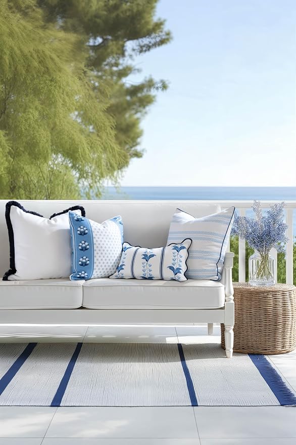 Hofdeco Premium Coastal Hampton Patio Indoor Outdoor Lumbar Pillow Cover Only, 12"x20" Water Repellent for Backyard, Couch, Poolside, Azure Navy Blue Print Watercolor Striped Lily of the Valley
