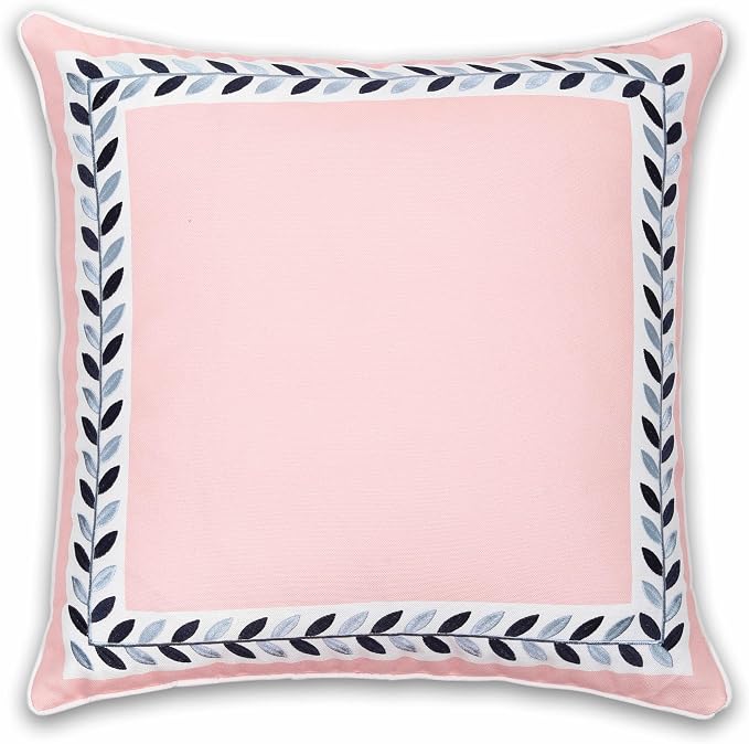 Hofdeco Premium Coastal Patio Indoor Outdoor Throw Pillow Cover Only, 20"x20" Water Repellent for Backyard, Couch, Blush Pink Embroidered Frame Leafs with Piping