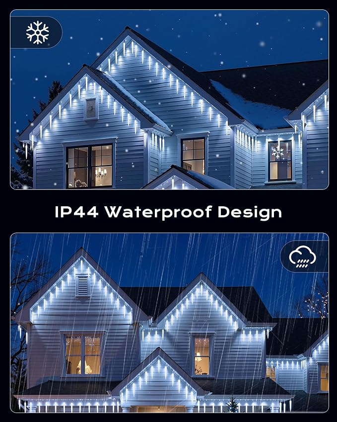 Christmas Icicle Lights Outdoor, 10Ft Meteor Shower Lights with 10 Ice Shaped Tube, Snowfall Shooting Star Light Effect, Falling Crystal Christmas Decorations for House Eave Roofline, Cool White