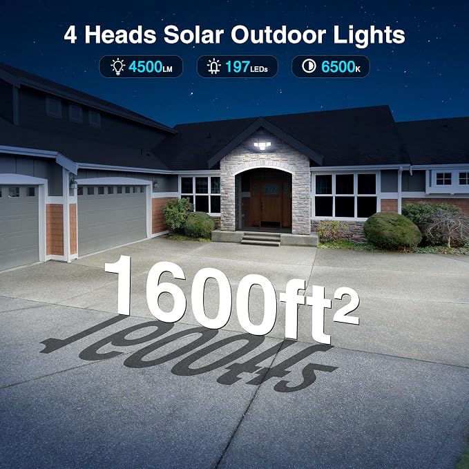 4500LM Solar Lights Outdoor Waterproof, 197 LED Solar Flood Lights Outdoor with 2 Motion Sensor, 4 Heads Security Light for Yard Outside House Garage 1 Pack