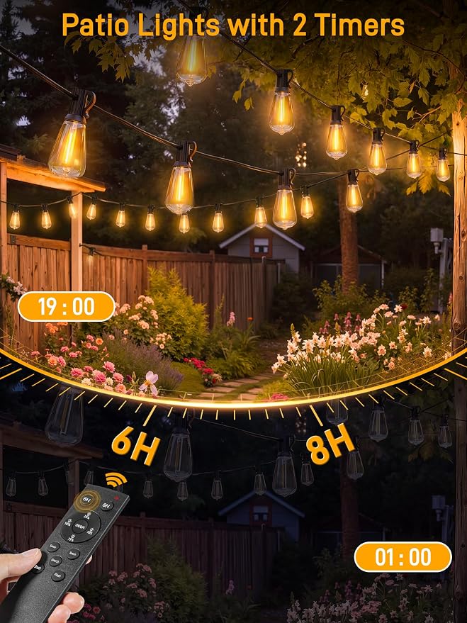 Guhope Outdoor String Lights Dimmable with Remote, 100 FT Outdoor Lights with 2 Timer and 3 Mode, Waterproof & Shatterproof Patio Lights, 2200K Energy Saving String Lights 3 Spare Bulbs for Patio Yard