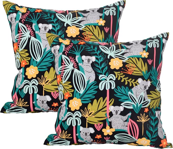 Outdoor Pillow Covers 18x18 Set of 2 Koala Tropic Print, Waterproof & UV Resistant Polyester for Patio, Couch, Porch, Spring & Summer Decor