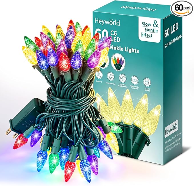 Heyworld C6 Gentle Twinkle Christmas Light, 60 LED Soft Twinkling Strawberry Lights, UL Certified 19.5FT Waterproof Connectable for Indoor Outdoor Xmas Tree Wedding Party Decor (Multicolor)