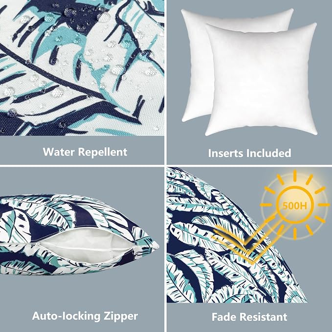 LVTXIII Outdoor/Indoor Throw Pillows, Decorative Throw Pillows with Inserts, 18"x18" Square Pillows for Bed, Couch, Sofa and Patio Furniture, Set of 2, Baltic Palms White