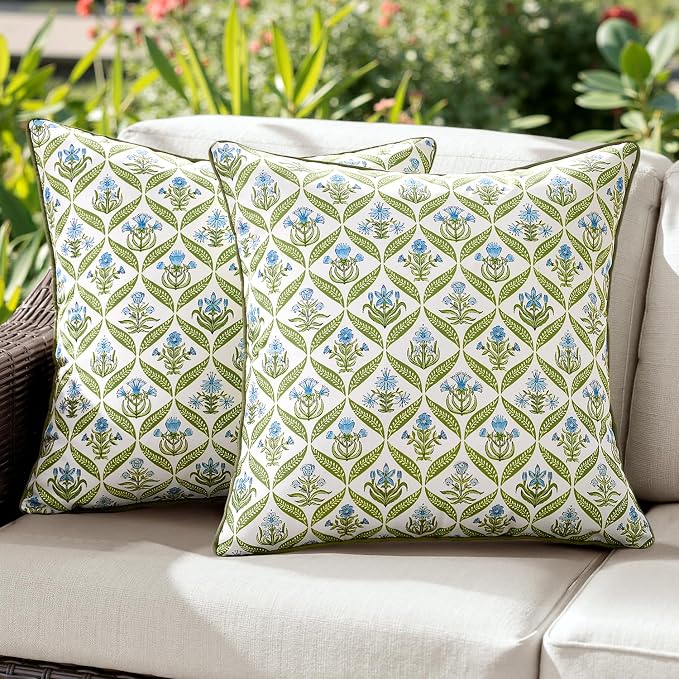 ANRODUO Floral Outdoor Waterproof Pillow Covers Set of 2 Green 20x20 Inch | Square Block Print Decorative Cushion Cases With Refined Edge Piping for Summer Patio Porch Garden Couch Sofa Bench Decor