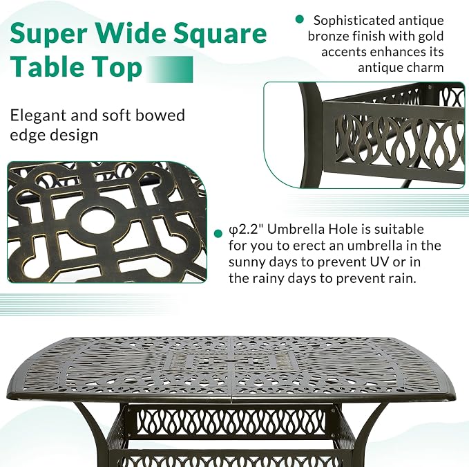 VIVIJASON 9-Piece Outdoor Dining Table Set for 8, All-Weather Cast Aluminum Patio Table and Chairs Set with 8 Swivel Rocker Chairs, 64" Large Square Dining Table with 2.2" Umbrella Hole