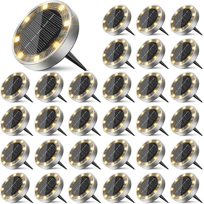 30 Pack Solar Ground Lights Outdoor, 8 LED Mini Flat Solar Disc Lights, IP65 Waterproof Pathway Lights Solar Powered, Landscape Lighting for Garden Walkway Driveway Yard Lawn,Warm White