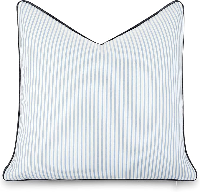 Hofdeco Premium Coastal Hampton Outdoor Performance Throw Pillow Cover Only, 22"x22" Water Repellent, UV and Fade Resistant for Backyard, Couch, Poolside, Azure Blue Indigo Woven Coastline Stripes