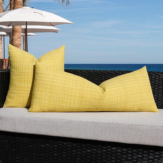Kevin Textile Outdoor Waterproof 14"x36" Lumbar Pillow Cover 1 Pack Yellow | Water Resistant, Faux Linen Yarn-dyed, Woven Texture Throw Pillow Covers for Tent Patio Garden Couch Sofa