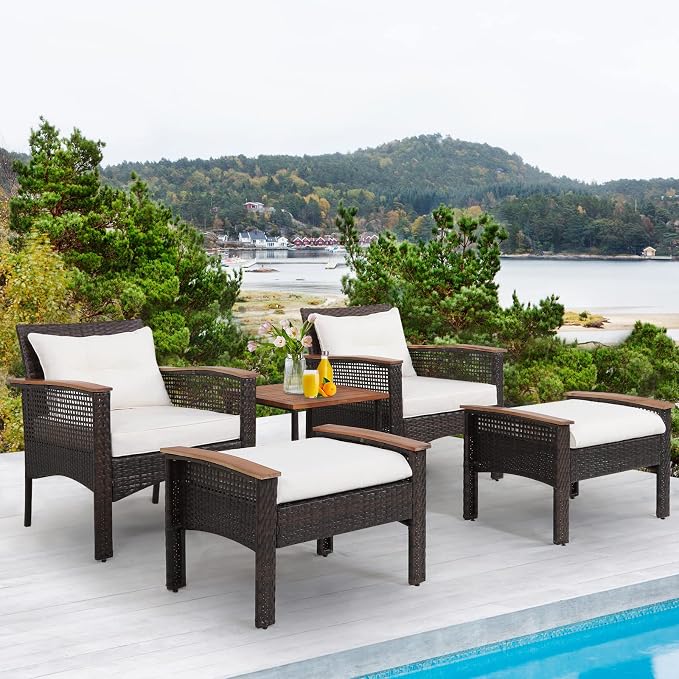 HAPPYGRILL 5 Piece Patio Rattan Sofa Set Outdoor Wicker Conversation Set with 2 Chairs, 2 Ottomans & Coffee Table, All-Weather Wicker Sofa Set for Poolside Backyard